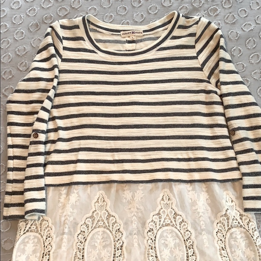 Gray and Cream Altar’d State Lace/Stripped Top